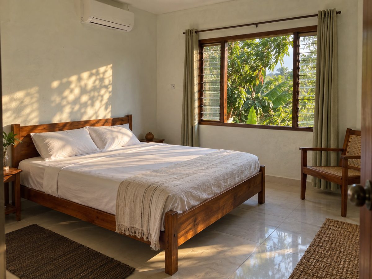 Simple upstairs bedroom with white bedding, a wall-mounted AC, and late-afternoon light on a tiled floor