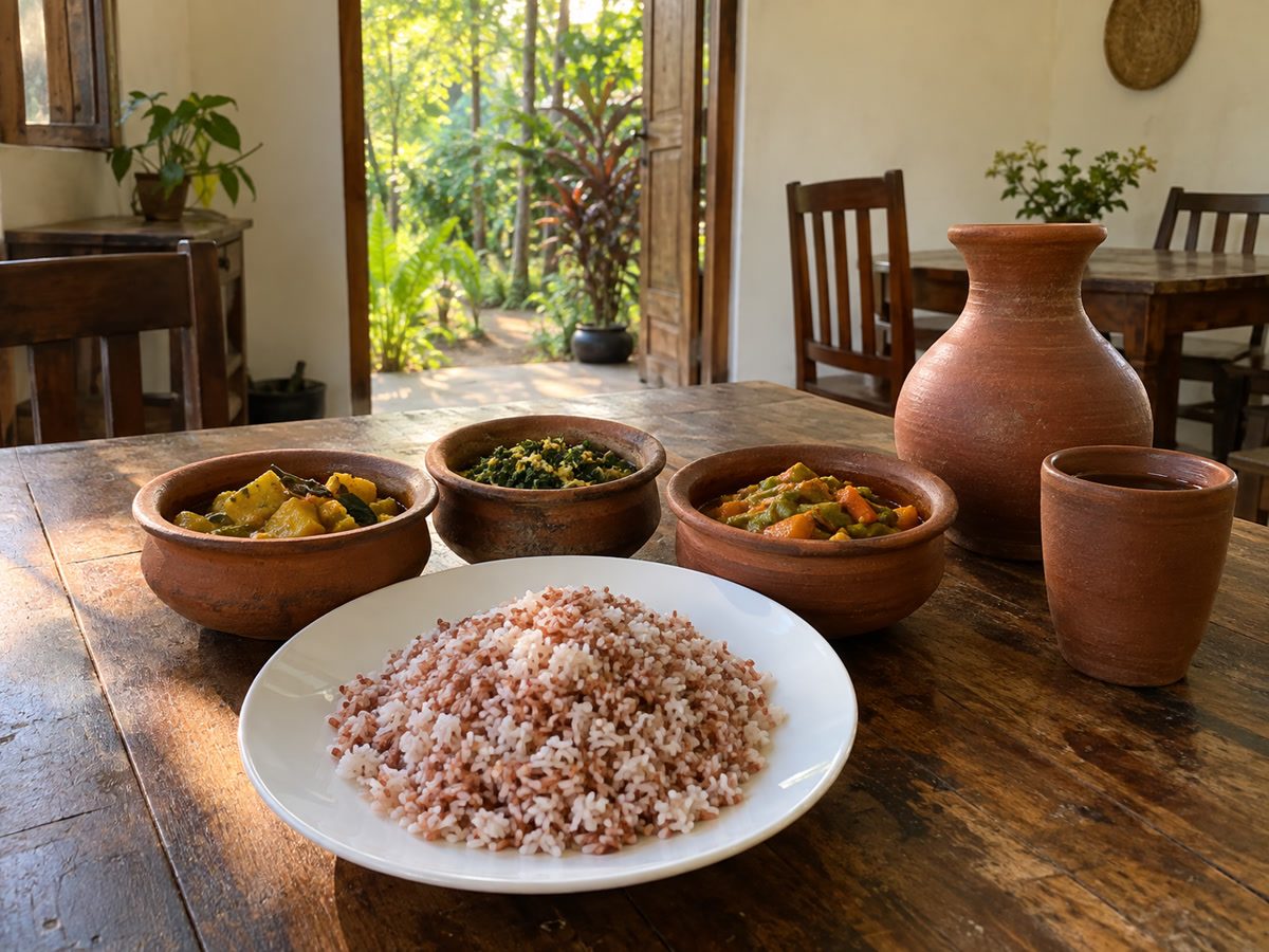 Restaurant table set with rice, curry pots and a clay water jug, afternoon light through a doorway