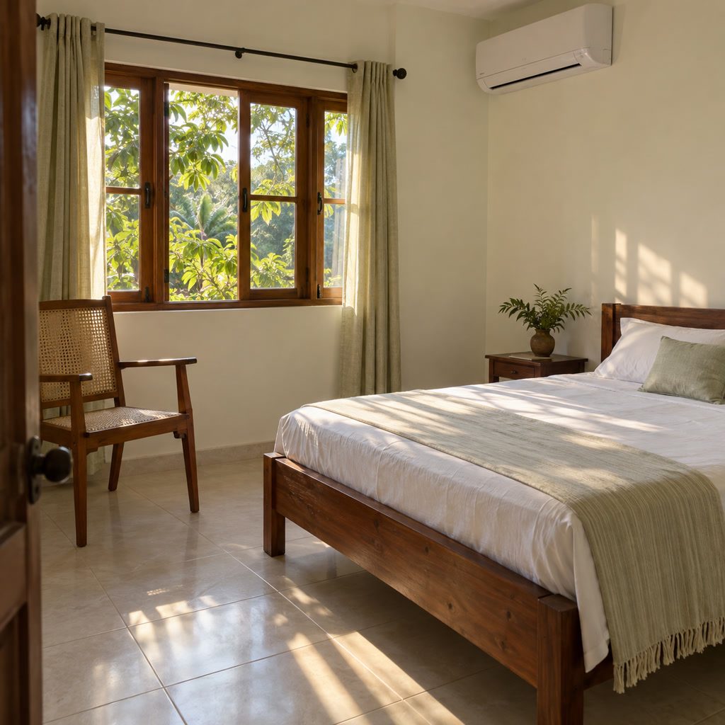 Upstairs air-conditioned bedroom with white bedding and a small sitting chair