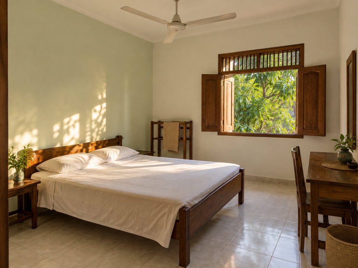 Downstairs fan room with a ceiling fan, tiled floor and a window onto green leaves