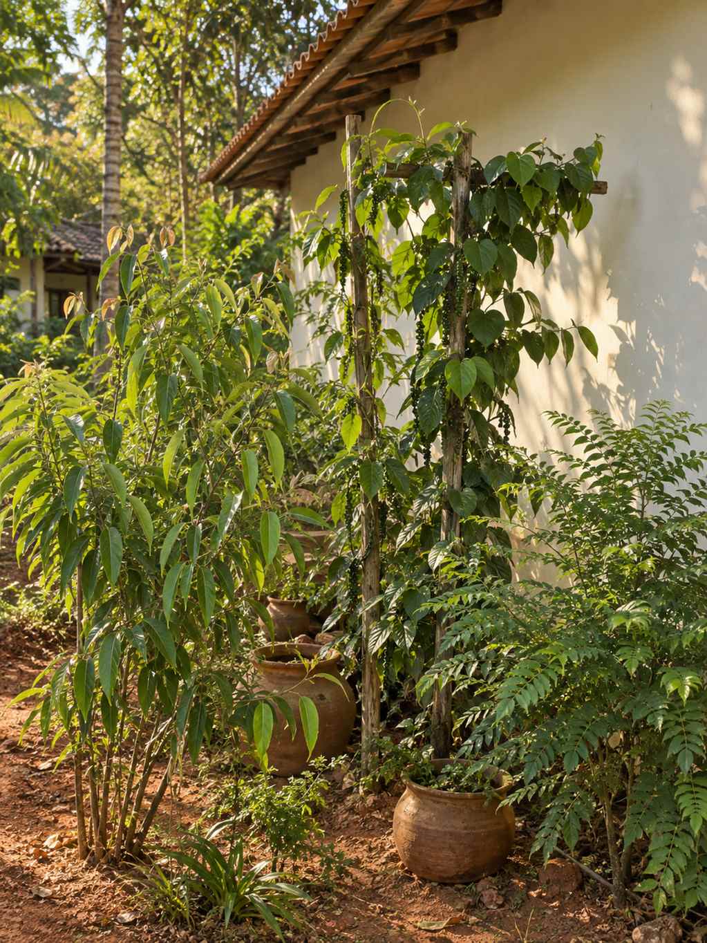 Small spice and curry-leaf garden beside a clay-tile roof, pepper vine on a trellis