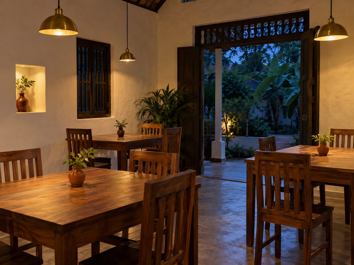 Dusk inside the restaurant: brass-coloured lamps, empty wooden tables, no menu boards